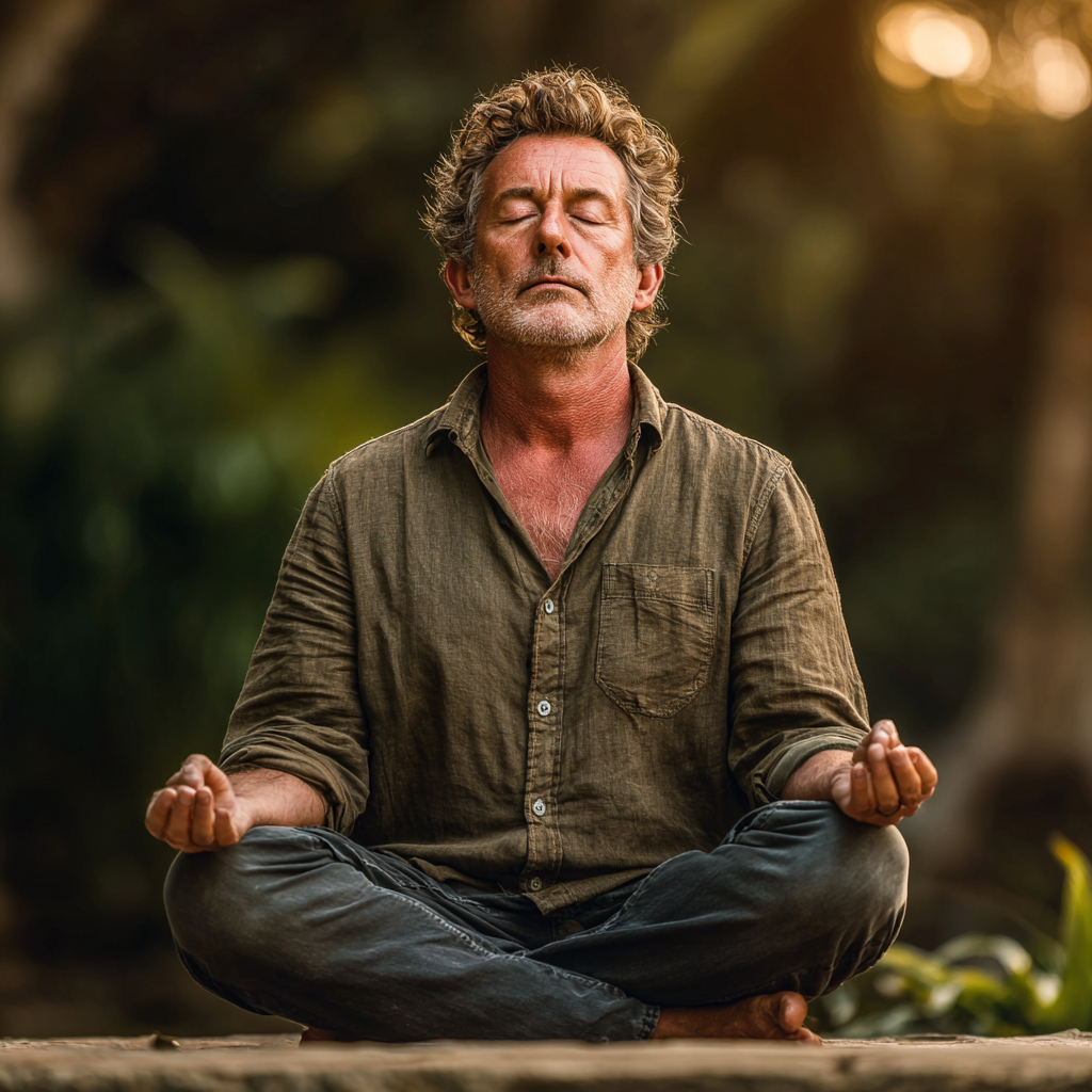 Peaceful middle-aged man in meditation pose with serene expression, sitting in lotus position in a tranquil garden setting with natural background